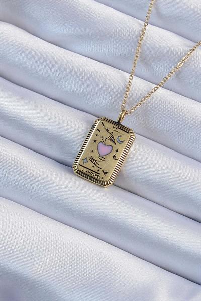 316L Çelik Zincir Eskitme Altın Renk Pembe Mineli Kalp Figürlü Tarot Kolye – PRT3500EB02359