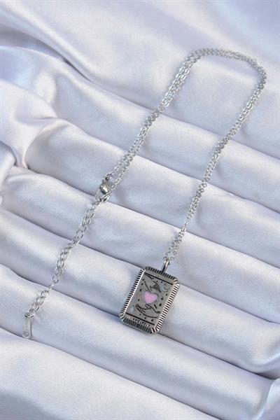 316L Çelik Zincir Eskitme Gümüş Renk Pembe Mineli Kalp Figürlü Tarot Kolye – PRT3500EB02360