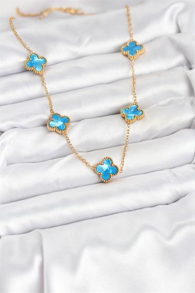 316L Çelik Zincir Gold Buz Mavisi Renk Yonca Kolye – PRT3500EB08921