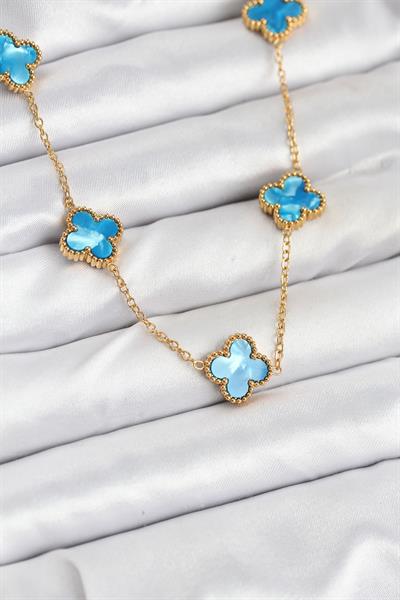 316L Çelik Zincir Gold Buz Mavisi Renk Yonca Kolye – PRT3500EB08921