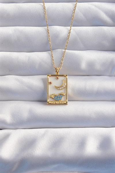 316L Çelik Zincir Gold Renk Ay Detay Mavi Zirkon Taşlı Tarot Kolye – PRT3500EB02059