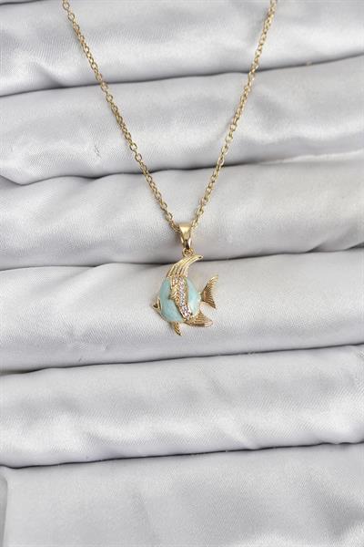 316L Çelik Zincir Gold Renk Balık Model Zirkon Taşlı Kadın Kolye - PRT3500EB10156