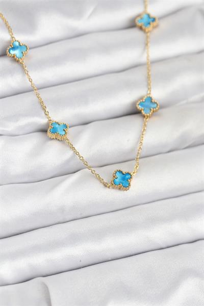316L Çelik Zincir Gold Renk Buz Mavisi Baby Boy Yonca Kadın Kolye – PRT3500EB08926