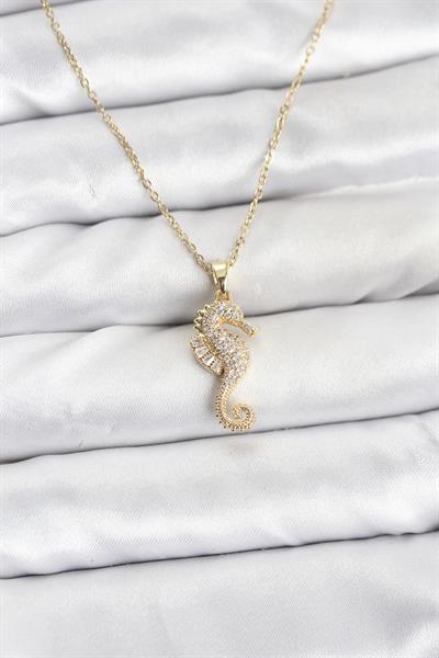 316L Çelik Zincir Gold Renk Deniz Atı Model Zirkon Taşlı Kadın Kolye - PRT3500EB10205