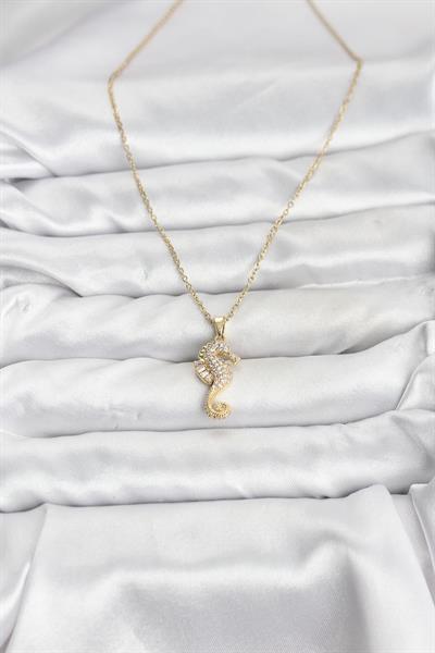 316L Çelik Zincir Gold Renk Deniz Atı Model Zirkon Taşlı Kadın Kolye - PRT3500EB10205