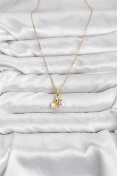 316L Çelik Zincir Gold Renk Deniz Kabuğu ve Deniz Yıldızı Model Zirkon Taşlı Kadın Kolye - PRT3500EB10151