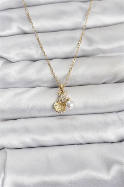 316L Çelik Zincir Gold Renk Deniz Kabuğu ve Deniz Yıldızı Model Zirkon Taşlı Kadın Kolye - PRT3500EB10151