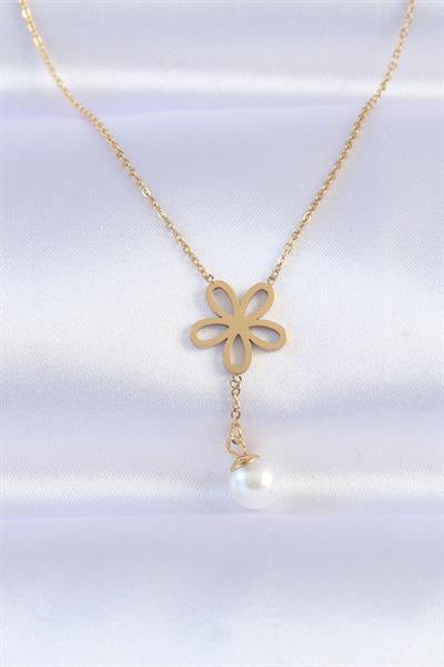 316L Çelik Zincir Gold Renk İnci Detay Çiçek Kolye – PRT3500EB01613