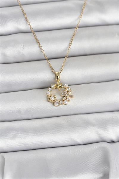 316L Çelik Zincir Gold Renk İncili Çiçek Model Kadın Koyle
