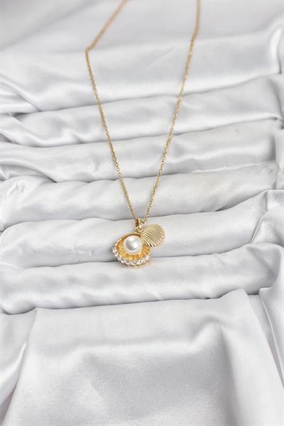 316L Çelik Zincir Gold Renk İncili Deniz Kabuğu Model Zirkon Taşlı Kadın Kolye - PRT3500EB10221