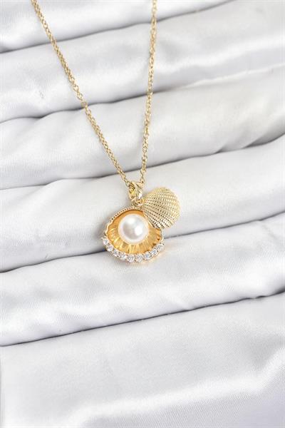316L Çelik Zincir Gold Renk İncili Deniz Kabuğu Model Zirkon Taşlı Kadın Kolye - PRT3500EB10221