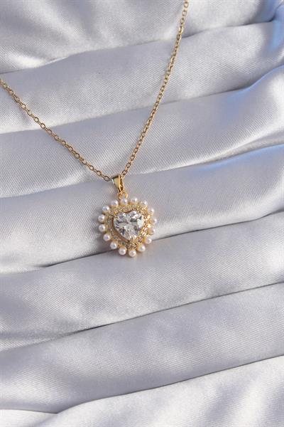 316L Çelik Zincir Gold Renk İncili Zirkon Taşlı Kalp Tasarımlı Kolye - PRT3500EB01681