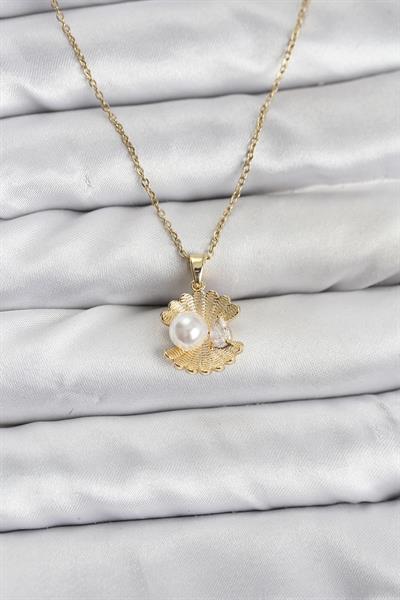 316L Çelik Zincir Gold Renk İstiridye İnci Model Zirkon Taşlı Kadın Kolye - PRT3500EB10160