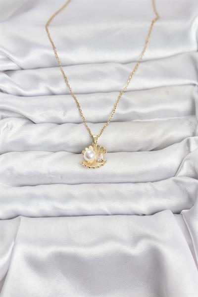 316L Çelik Zincir Gold Renk İstiridye İnci Model Zirkon Taşlı Kadın Kolye - PRT3500EB10160