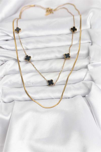 316L Çelik Zincir Gold Renk İtalyan Zincirli Siyah Yonca Model Kadın Kolye – PRT3500EB09772