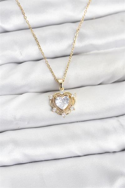 316L Çelik Zincir Gold Renk Kalp Model Zirkon Taşlı Kadın Kolye - PRT3500EB10193