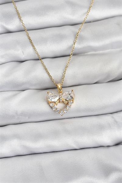 316L Çelik Zincir Gold Renk Kalp ve Fiyonk Model Zirkon Taşlı Kadın Kolye - PRT3500EB10158