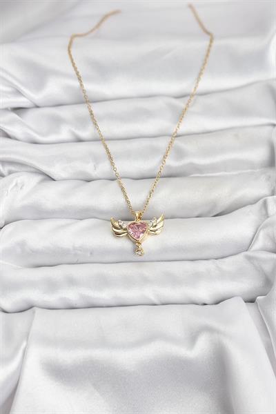 316L Çelik Zincir Gold Renk Kanatlı Kalp Model Zirkon Taşlı Kadın Kolye - PRT3500EB10147