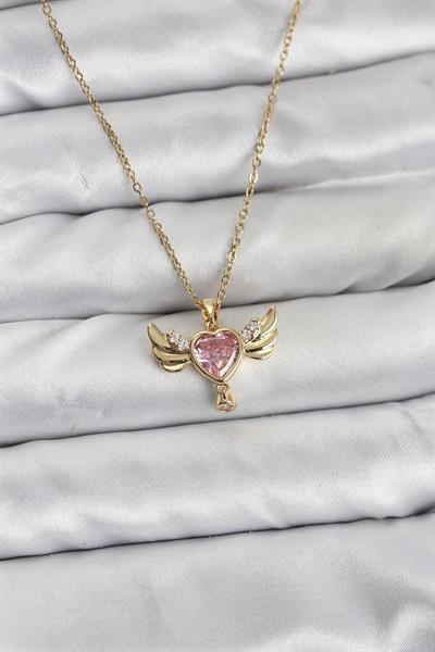 316L Çelik Zincir Gold Renk Kanatlı Kalp Model Zirkon Taşlı Kadın Kolye - PRT3500EB10147
