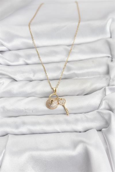 316L Çelik Zincir Gold Renk Kilit Anahtar Model Zirkon Taşlı Kadın Kolye - PRT3500EB10191