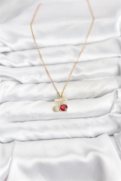 316L Çelik Zincir Gold Renk Kiraz Model Zirkon Taşlı Kadın Kolye - PRT3500EB10164