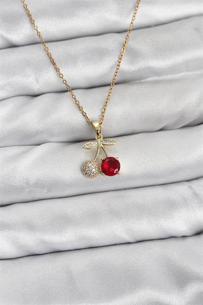 316L Çelik Zincir Gold Renk Kiraz Model Zirkon Taşlı Kadın Kolye - PRT3500EB10164