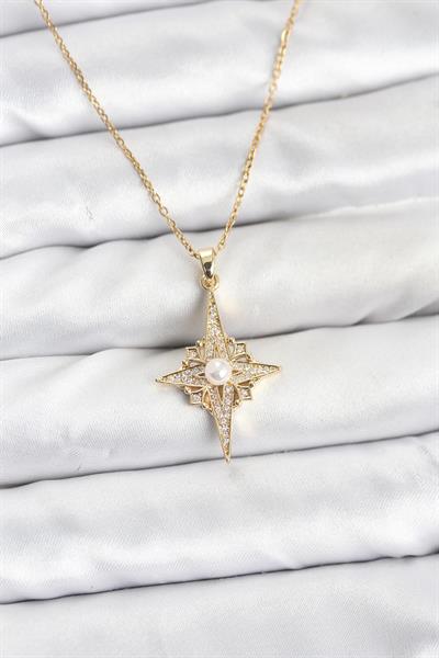 316L Çelik Zincir Gold Renk Kutup Yıldızı Model Zirkon Taşlı Kadın Kolye - PRT3500EB10203