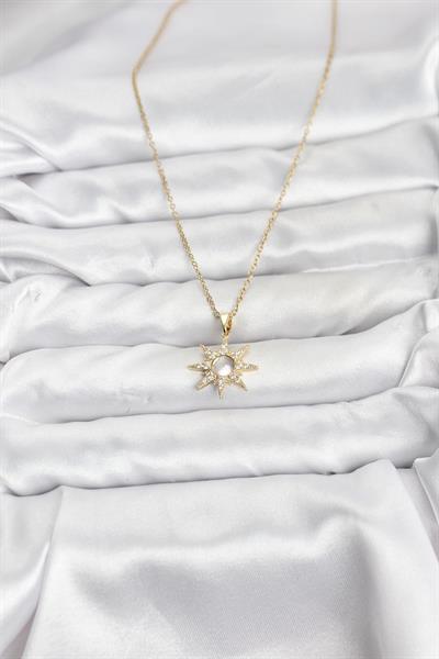 316L Çelik Zincir Gold Renk Kutup Yıldızı Model Zirkon Taşlı Kadın Kolye - PRT3500EB10171