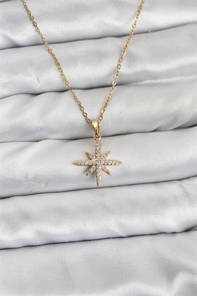 316L Çelik Zincir Gold Renk Kutup Yıldızı Model Zirkon Taşlı Kadın Kolye - PRT3500EB10149