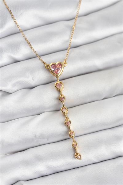 316L Çelik Zincir Gold Renk Pembe Kalp Kadın Kolye - PRT3500EB10117