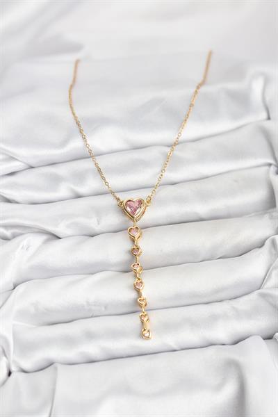 316L Çelik Zincir Gold Renk Pembe Kalp Kadın Kolye - PRT3500EB10117