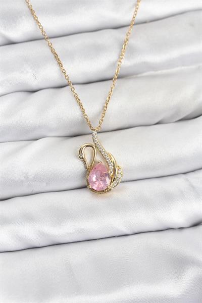 316L Çelik Zincir Gold Renk Pembe Kuğu Model Zirkon Taşlı Kadın Kolye - PRT3500EB10177