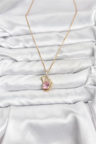 316L Çelik Zincir Gold Renk Pembe Kuğu Model Zirkon Taşlı Kadın Kolye - PRT3500EB10177