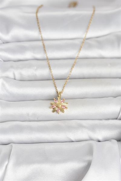 316L Çelik Zincir Gold Renk Pembe Papatya Model Kadın Kolye