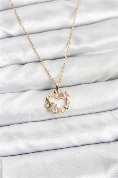 316L Çelik Zincir Gold Renk Pembe Taş Detaylı Çelenk Model Kadın Kolye - PRT3500EB10213