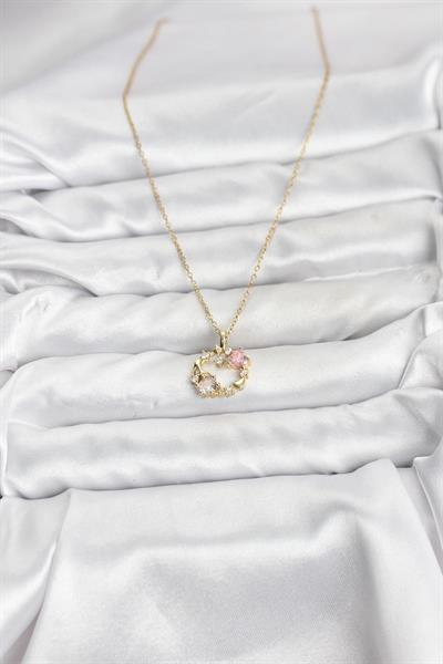 316L Çelik Zincir Gold Renk Pembe Taş Detaylı Çelenk Model Kadın Kolye - PRT3500EB10213