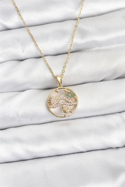 316L Çelik Zincir Gold Renk Şans Kolyesi Model Zirkon Taşlı Kadın Kolye - PRT3500EB10209