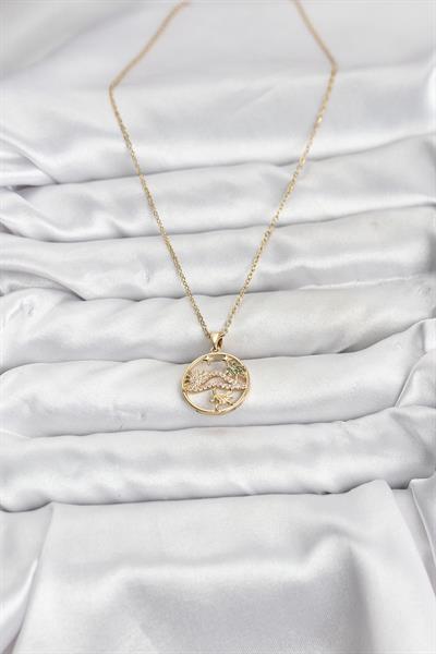 316L Çelik Zincir Gold Renk Şans Kolyesi Model Zirkon Taşlı Kadın Kolye - PRT3500EB10209