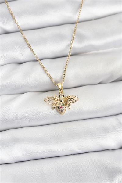 316L Çelik Zincir Gold Renk Sinek Model Zirkon Taşlı Kadın Kolye - PRT3500EB10185
