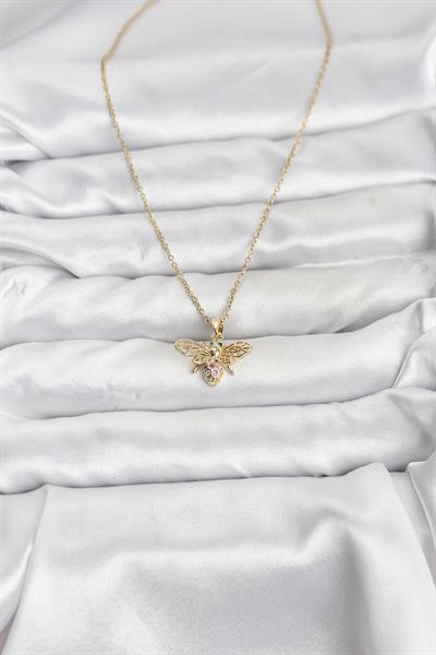 316L Çelik Zincir Gold Renk Sinek Model Zirkon Taşlı Kadın Kolye - PRT3500EB10185