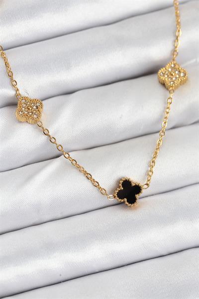 316L Çelik Zincir Gold Renk Siyah ve Zirkon Taşlı Baby Boy Yonca Kadın Kolye – PRT3500EB08947