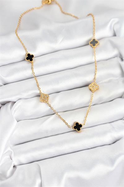316L Çelik Zincir Gold Renk Siyah ve Zirkon Taşlı Baby Boy Yonca Kadın Kolye – PRT3500EB08947