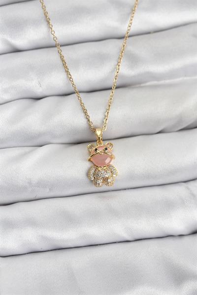 316L Çelik Zincir Gold Renk Teddy Bear Model Zirkon Taşlı Kadın Kolye - PRT3500EB10162