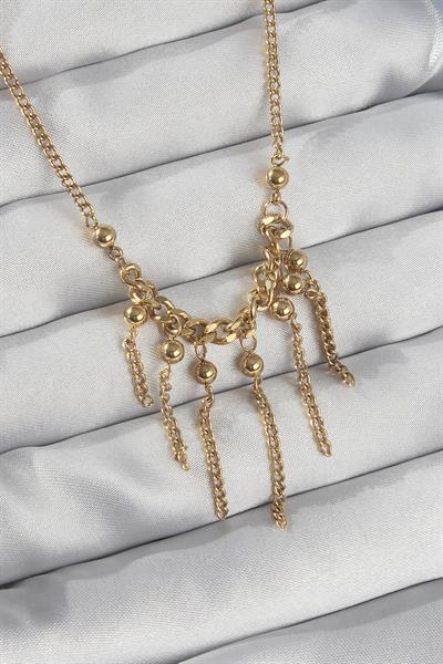 316L Çelik Zincir Gold Renk Topçuk Detay Sallantılı Zincir Kolye - PRT3500EB01825