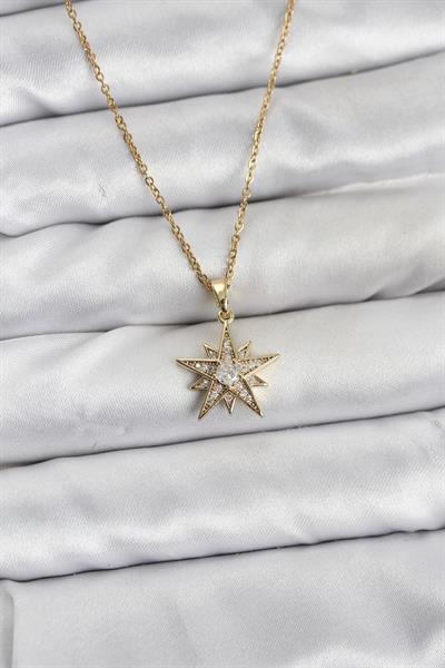316L Çelik Zincir Gold Renk Yıldız Model Zirkon Taşlı Kadın Kolye - PRT3500EB10154