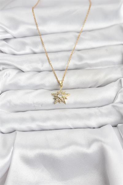 316L Çelik Zincir Gold Renk Yıldız Model Zirkon Taşlı Kadın Kolye - PRT3500EB10154
