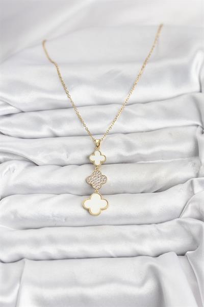 316L Çelik Zincir Gold Renk Yonca Detaylı Zirkon Taşlı Kadın Kolye - PRT3500EB10139