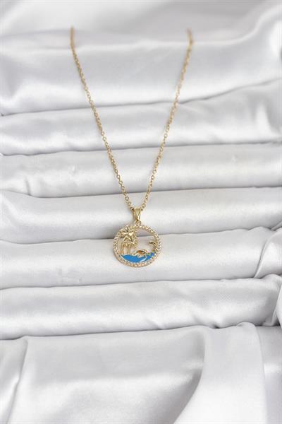 316L Çelik Zincir Gold Renk Zirkon Taşlı Deniz Temalı Kadın Kolye