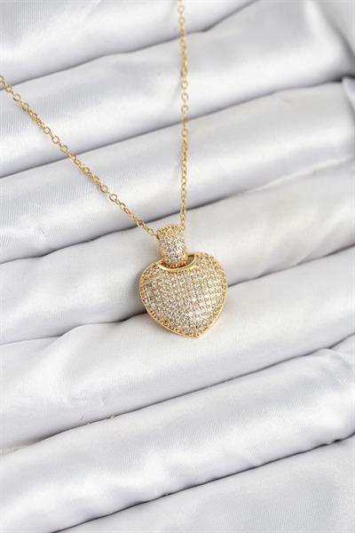 316L Çelik Zincir Gold Renk Zirkon Taşlı Kalpli Kadın Kolye – PRT3500EB09330