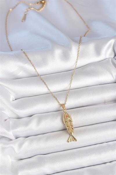 316L Çelik Zincir Gold Renk Zirkon Taşlı Balık Figürlü Kolye – PRT3500EB06169